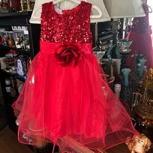 Red Sequin Tulle Dress with Rose Sash